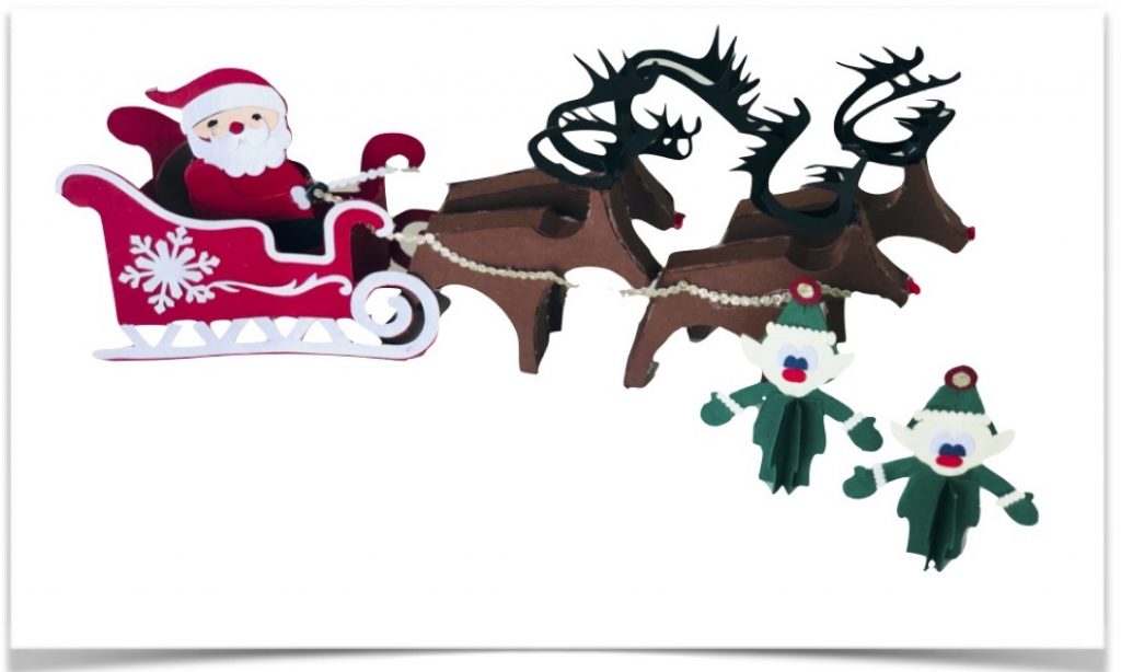 babbo natale in slitta con elfi